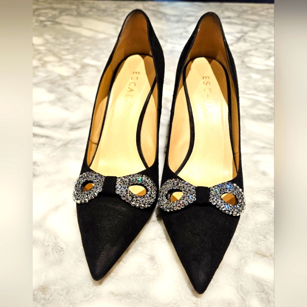 ESCADA Black Suede Pump with Swarovski Crystal Bow Detail